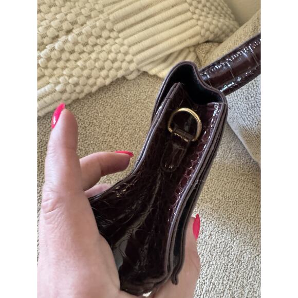 Vintage Y2K Mini Oxblood Brown Croc Embossed Patent Leather Abstract Handbag - Picture 8 of 16